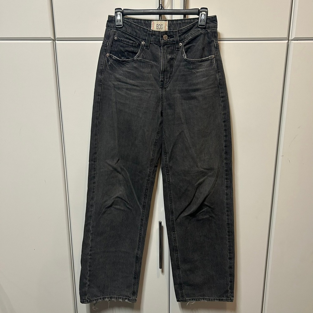 BDG Tapered Baggy Jeans Washed Black High Rise Distressed Denim Womens 25